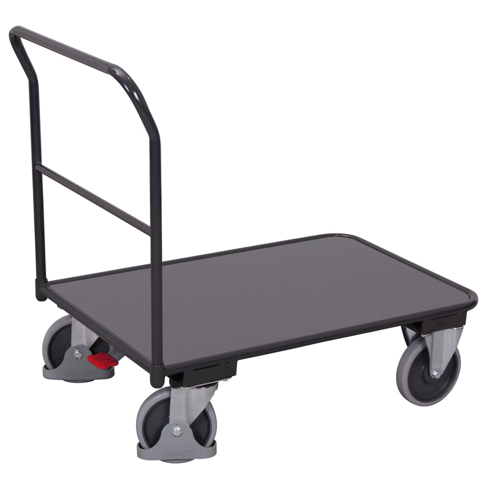 VARIOfit® Schiebebügel-Magazinwagen, Holzwerkstoff-Ladefläche, EasySTOP®-Bremssystem, HxBxT 1030 mm x 1100 mm x 700 mm, anthrazitgrau