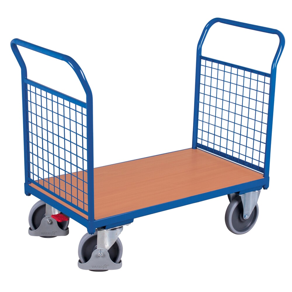 VARIOfit® Doppelstirnwandwagen, Gitterwand, Holzwerkstoff-Ladefläche, HxBxT 975 mm x 1040 mm x 500 mm, Tragfähigkeit 400 kg, enzianblau