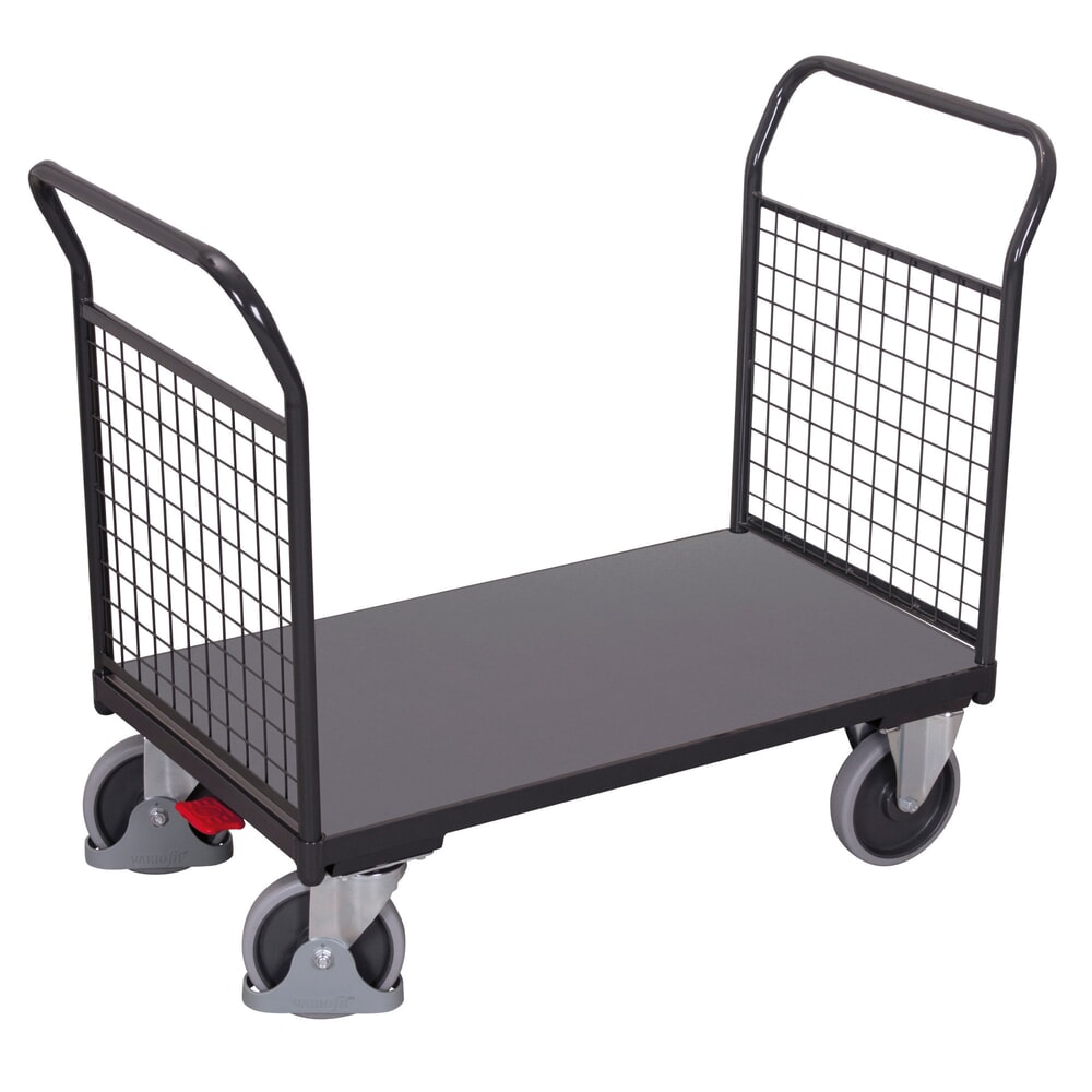 VARIOfit® Doppelstirnwandwagen, Gitterwand, Holzwerkstoff-Ladefläche, HxBxT 1015 mm x 1190 mm x 700 mm, Tragfähigkeit 500 kg, anthrazitgrau