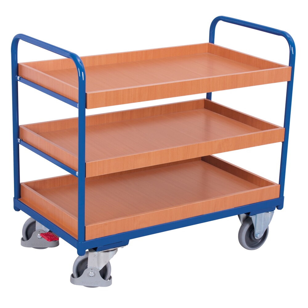 VARIOfit® Tischwagen, 3 Tabletts, HxBxT 990 mm x 910 mm x 500 mm, enzianblau