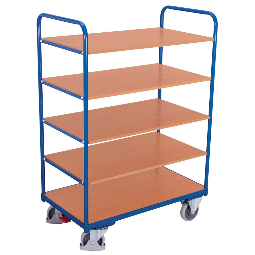 VARIOfit® Etagenwagen, Stahlrohr-Konstruktion mit Holzwerkstoff-Platte, 4 Etagen, HxBxT 1530 mm x 1060 mm x 700 mm, enzianblau