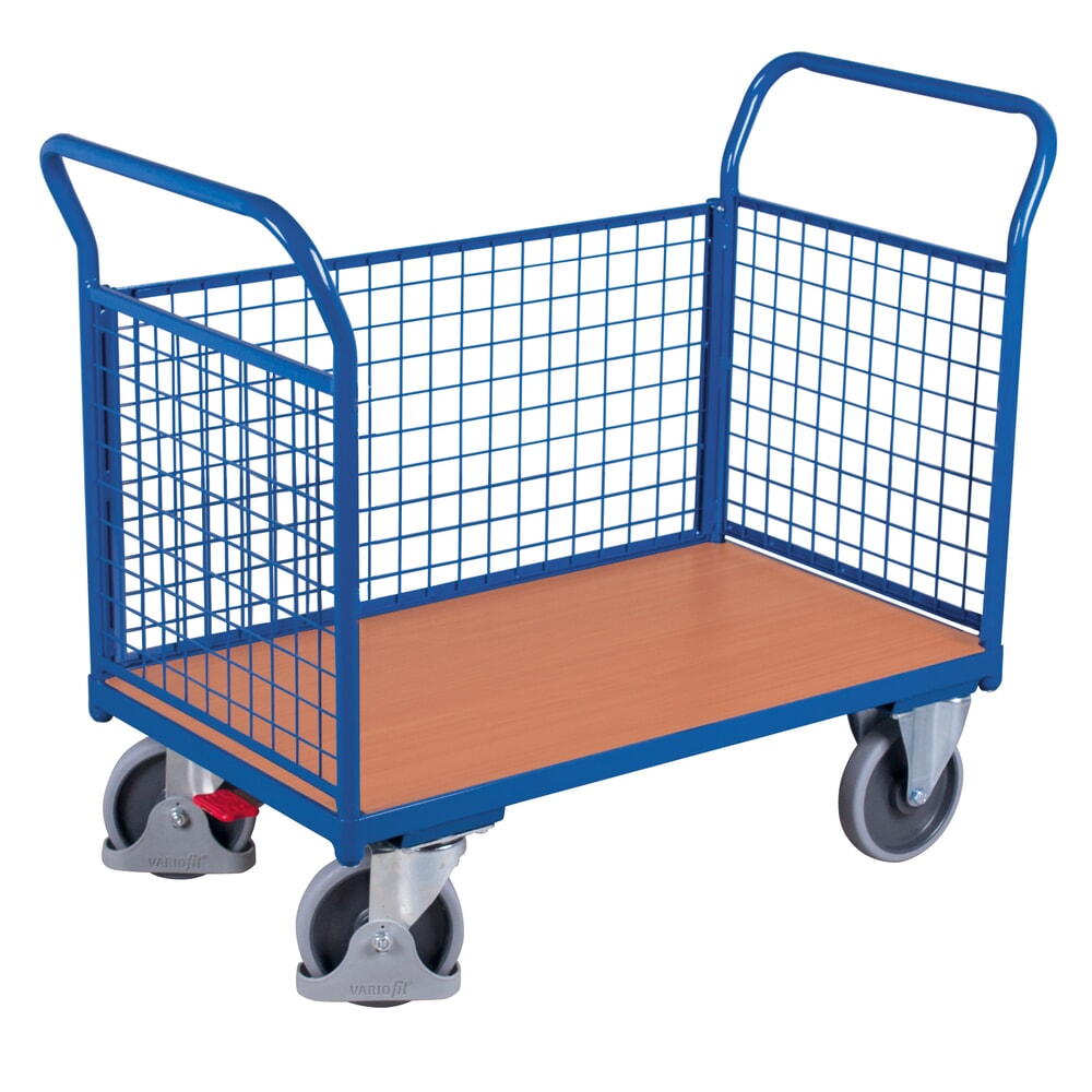 VARIOfit® Dreiwand-Gitterwagen, Holzwerkstoff-Ladefläche, EasySTOP®-Bremssystem, Ladefläche BxT 1000 mm x 575 mm, enzianblau