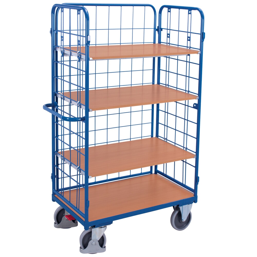 VARIOfit® Etagenwagen, 3 Gitterwände, 3 Etagen, HxBxT 1820 mm x 1190 mm x 625 mm, enzianblau