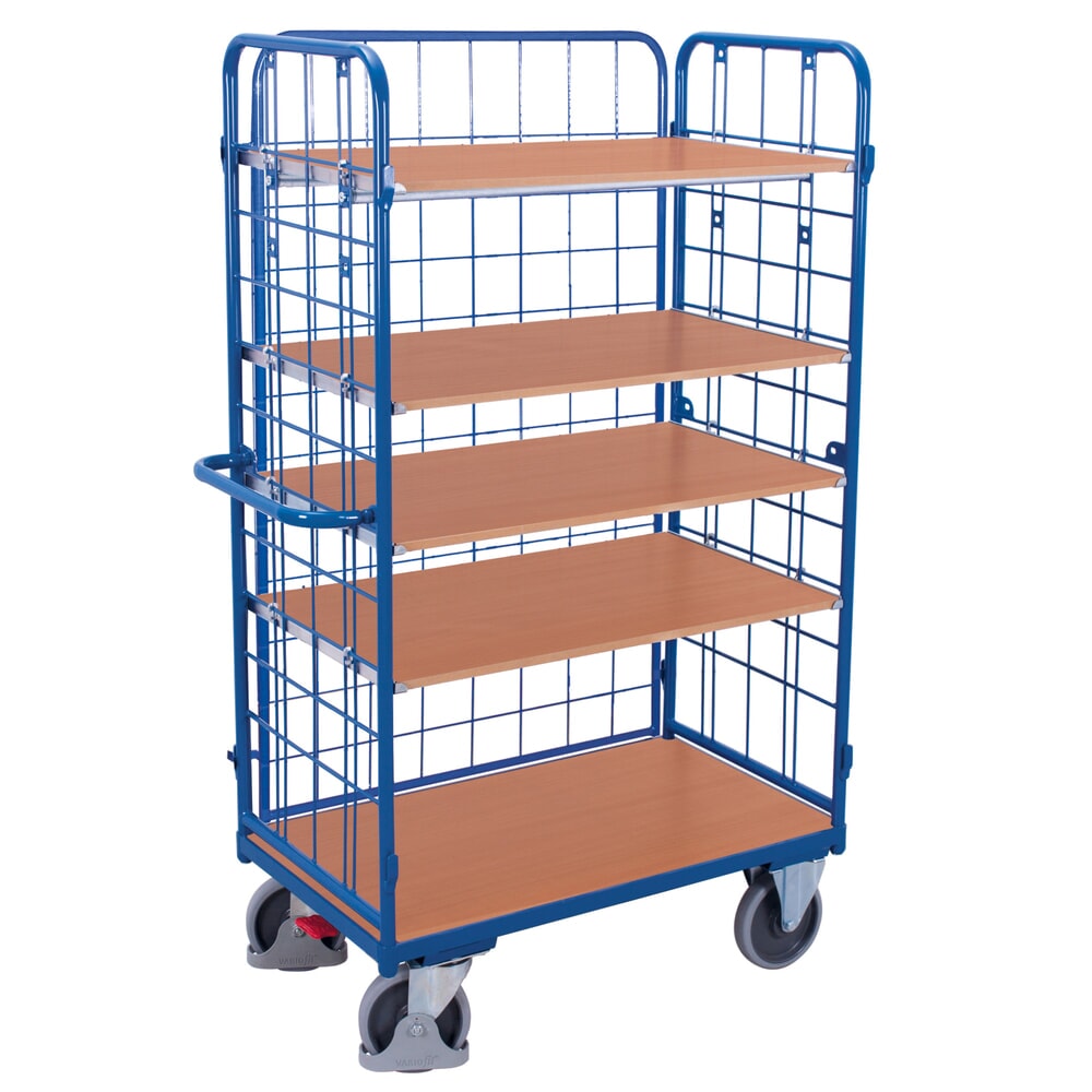 VARIOfit® Etagenwagen, 3 Gitterwände, 4 Etagen, HxBxT 1820 mm x 1190 mm x 625 mm, enzianblau