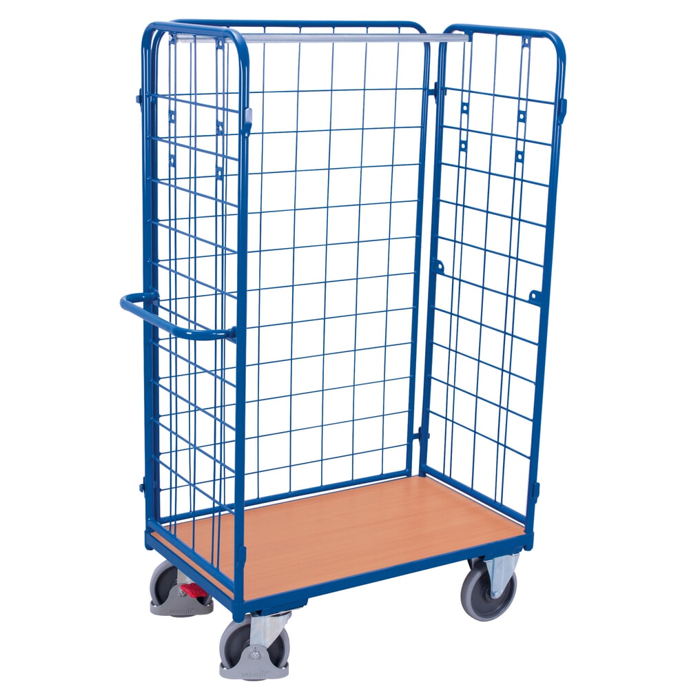 VARIOfit® 3-seitiger Rollbehälter, 3 Gitterwände, EasySTOP®-Bremssystem, HxBxT 1820 mm x 1190 mm x 725 mm, enzianblau
