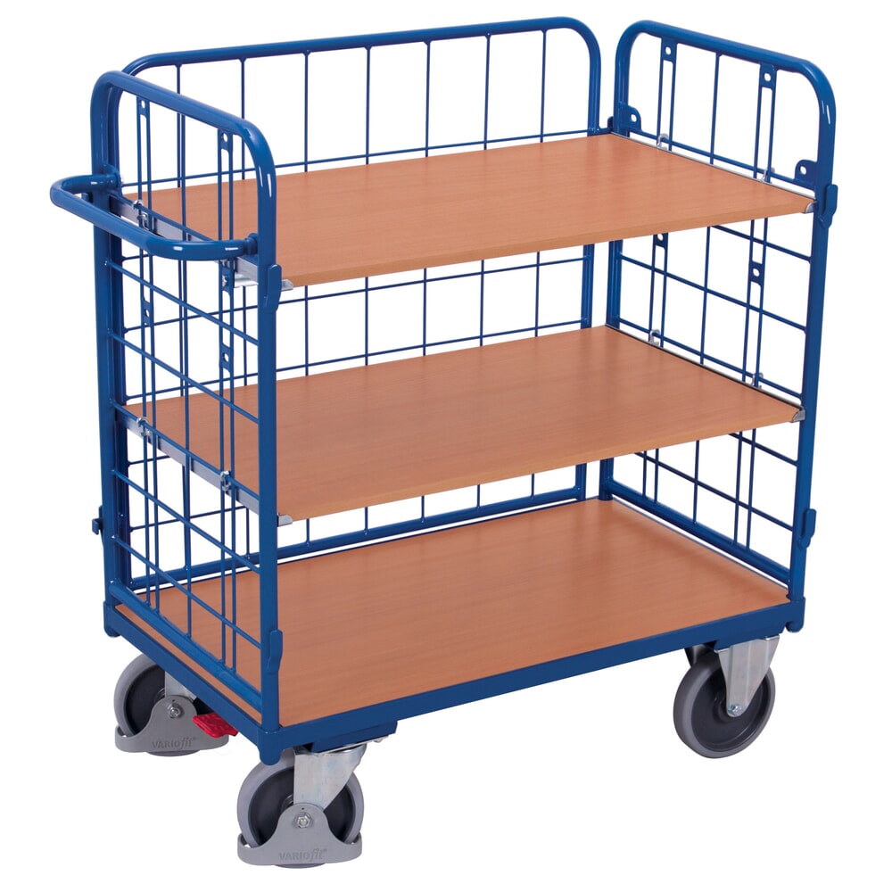VARIOfit® Etagenwagen, 3 Gitterwände, 2 Etagen, HxBxT 1180 mm x 1040 mm x 525 mm, enzianblau