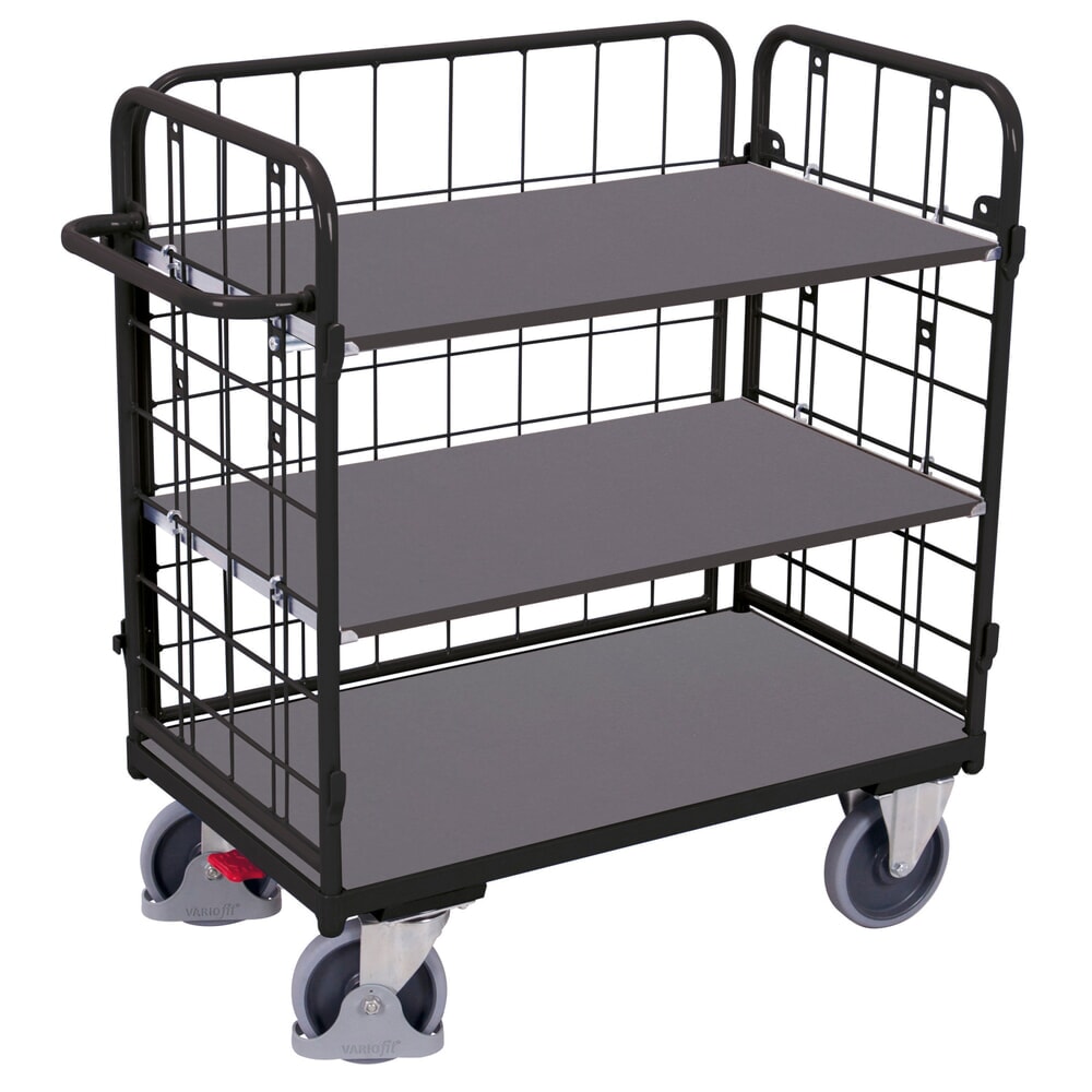 VARIOfit® Etagenwagen, 3 Gitterwände, 2 Etagen, HxBxT 1220 mm x 1190 mm x 725 mm, anthrazitgrau