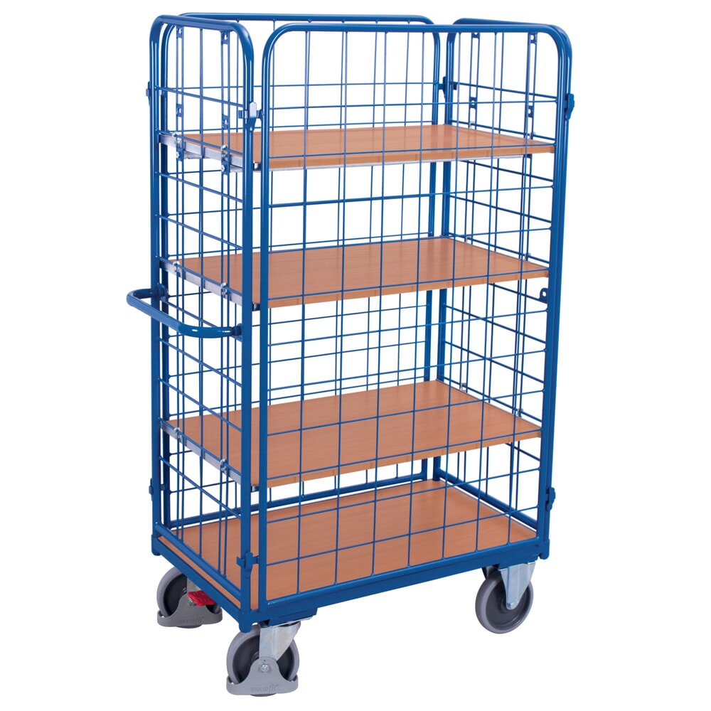 VARIOfit® Etagenwagen, 4 Gitterwände, 3 Etagen, HxBxT 1820 mm x 1190 mm x 640 mm, enzianblau