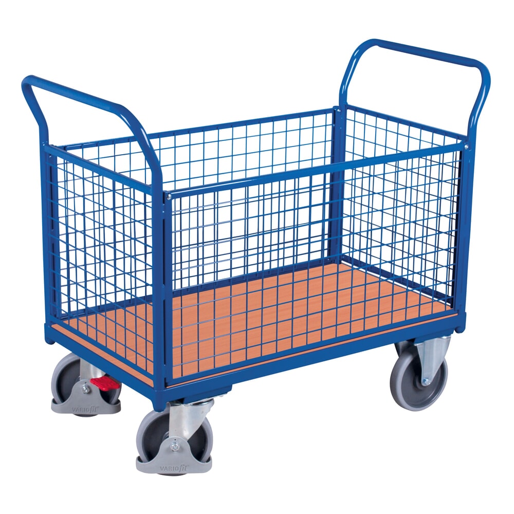 VARIOfit® Dreiwand-Gitterwagen, Holzwerkstoff-Ladefläche, EasySTOP®-Bremssystem, Ladefläche BxT 850 mm x 450 mm, enzianblau