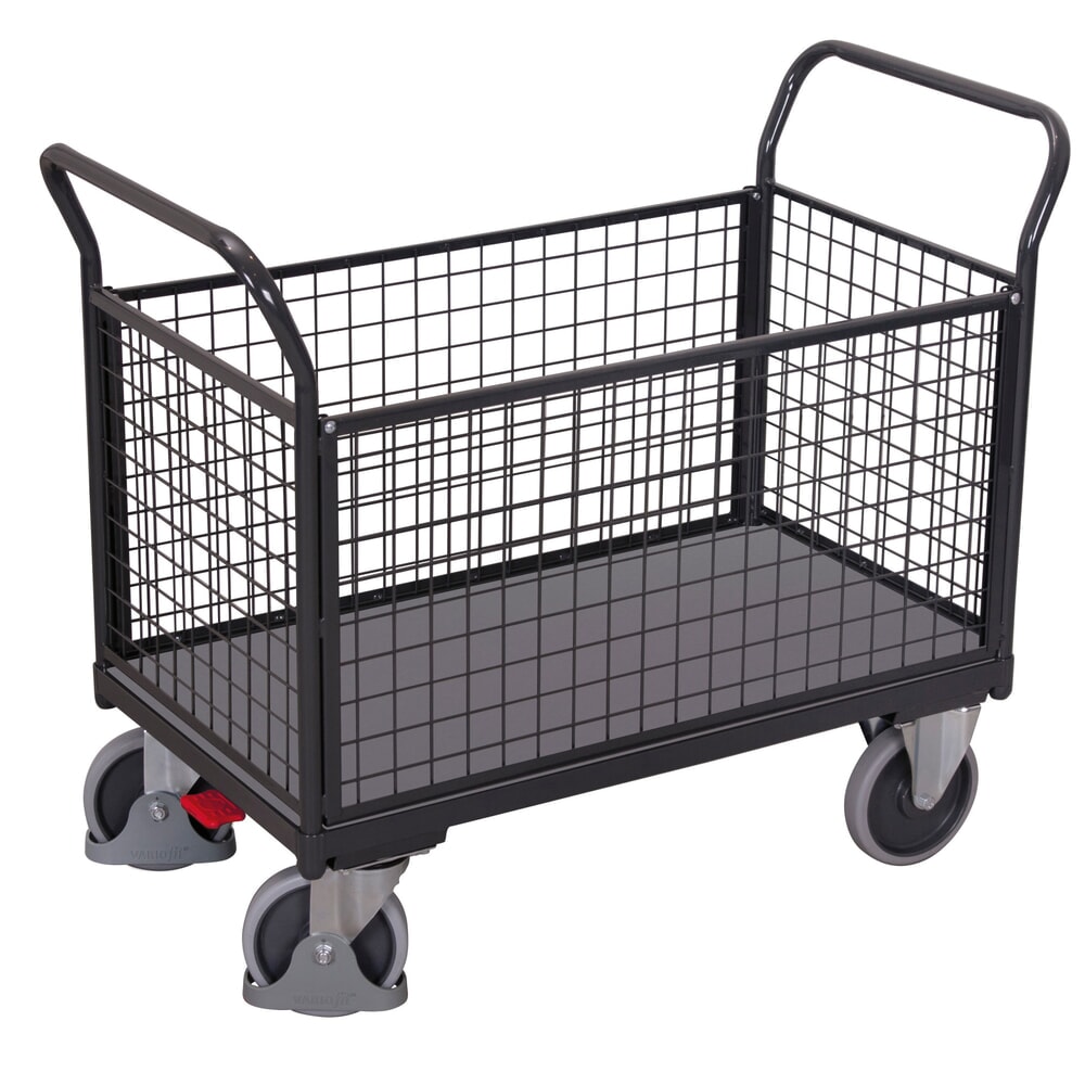VARIOfit® Dreiwand-Gitterwagen, Holzwerkstoff-Ladefläche, EasySTOP®-Bremssystem, Ladefläche BxT 1000 mm x 550 mm, anthrazitgrau