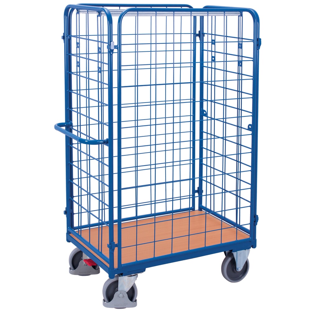 VARIOfit® 4-seitiger Rollbehälter, 4 Gitterwände, EasySTOP®-Bremssystem, HxBxT 1820 mm x 1190 mm x 740 mm, enzianblau