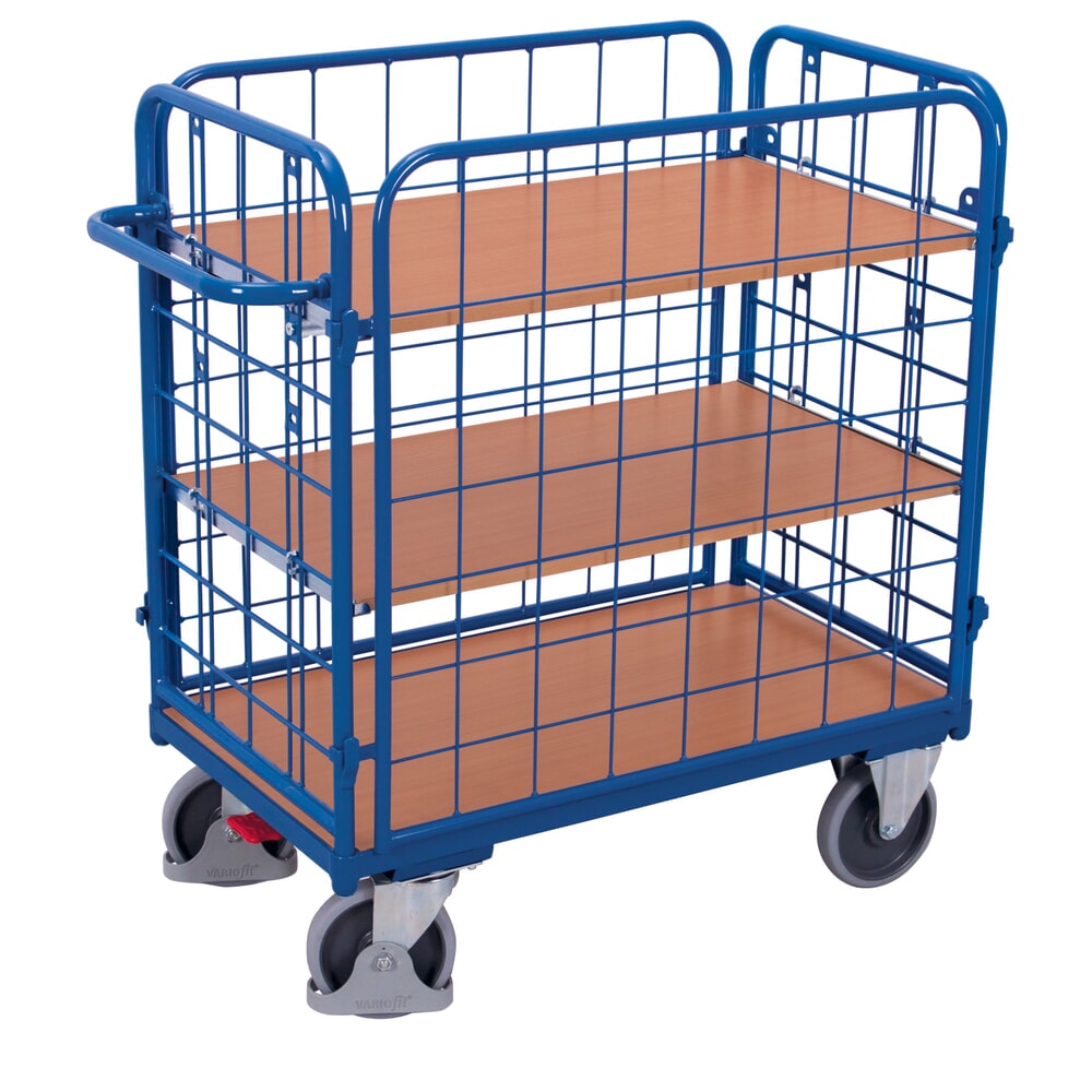 VARIOfit® Etagenwagen, 4 Gitterwände, 2 Etagen, HxBxT 1220 mm x 1390 mm x 840 mm, enzianblau