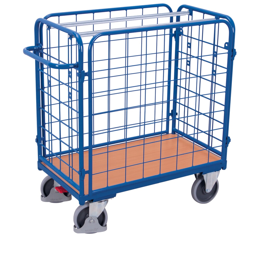 VARIOfit® 4-seitiger Rollbehälter, 4 Gitterwände, EasySTOP®-Bremssystem, HxBxT 1220 mm x 1390 mm x 840 mm, enzianblau