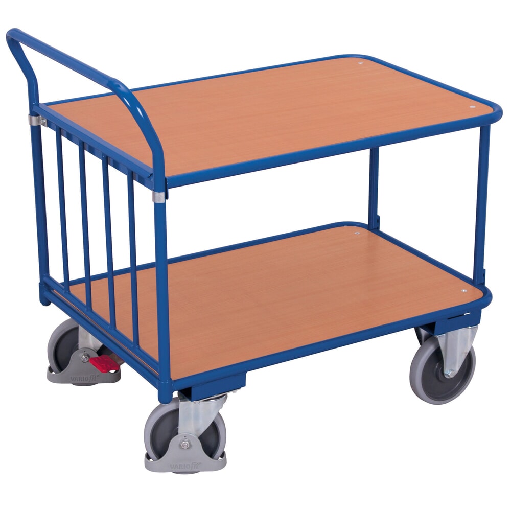 VARIOfit® Tischwagen, 2 Böden aus Holzwerkstoff-Platte, Tragfähigkeit 400 kg, HxBxT 1030 mm x 1305 mm x 705 mm, enzianblau