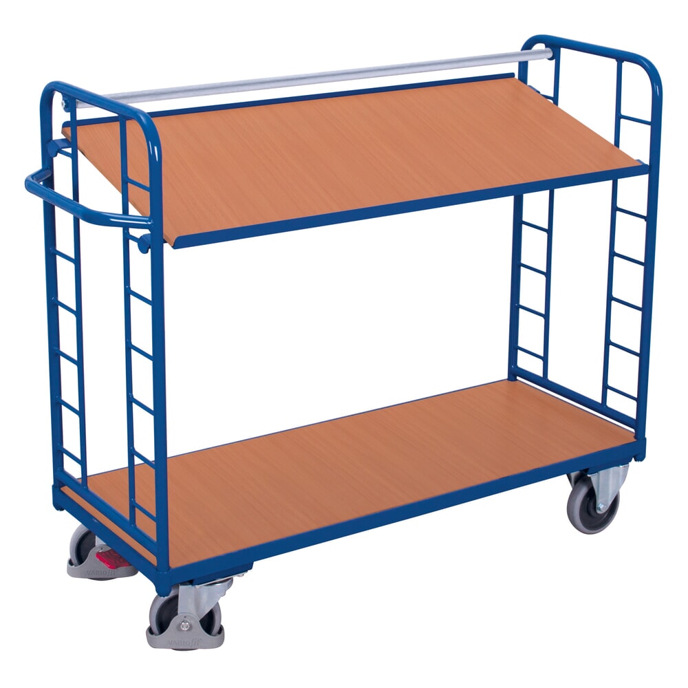 VARIOfit® Montagewagen, 3 Holzböden, 2 Etagen, HxBxT 1275 mm x 1805 mm x 650 mm, enzianblau