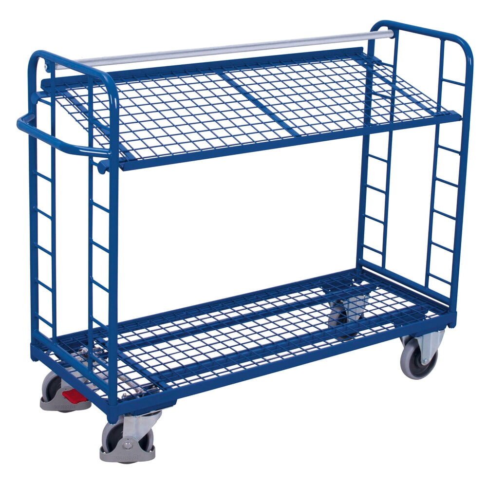 VARIOfit® Montagewagen, Drahtgitterböden, 2 Etagen, HxBxT 1275 mm x 1805 mm x 650 mm, enzianblau