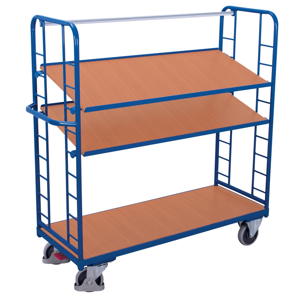 VARIOfit® Montagewagen, 3 Holzböden, 2 Etagen, HxBxT 1575 mm x 1805 mm x 650 mm, enzianblau