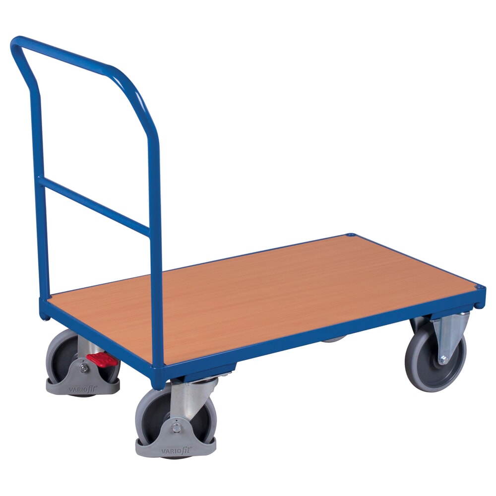 VARIOfit® Schiebebügel-Magazinwagen, Holzwerkstoff-Ladefläche, EasySTOP®-Bremssystem, HxBxT 1015 mm x 1125 mm x 600 mm, enzianblau