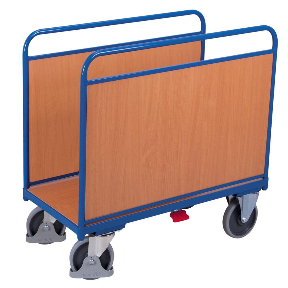 VARIOfit® Seitenbügel-Magazinwagen, Holzwerkstoff-Ladefläche, HxBxT 1045 mm x 1060 mm x 700 mm, enzianblau