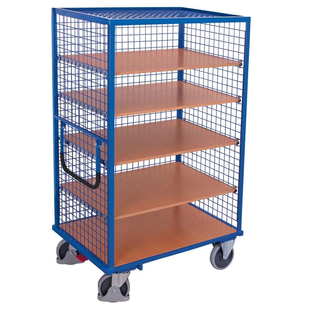 VARIOfit® Etagenwagen, verschweisste Stahlrohr-Konstruktion, Drahtgitterwände, 4 Etagenböden, HxBxT 1810 mm x 1115 mm x 730 mm, enzianblau