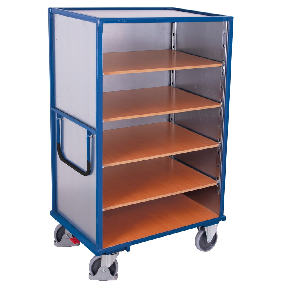VARIOfit® Etagenwagen, verschweisste Stahlrohr-Konstruktion, Stahlblechwände, 4 Etagenböden, HxBxT 1810 mm x 1115 mm x 730 mm, enzianblau