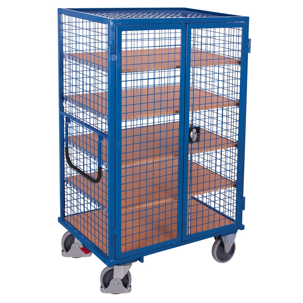 VARIOfit® Etagenwagen, abschliessbare Doppelflügeltür, Drahtgitterwände, 4 Etagenböden, HxBxT 1810 mm x 1315 mm x 830 mm, enzianblau