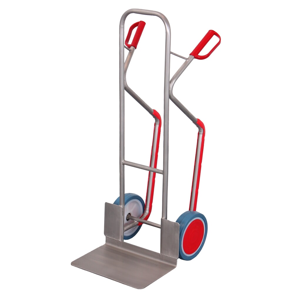 VARIOfit® Sackkarre aus Edelstahl mit großer Schaufel, BxT 480 x 300 mm, Gleitkufen, Tragkraft 250 kg, Vollgummi-Bereifung