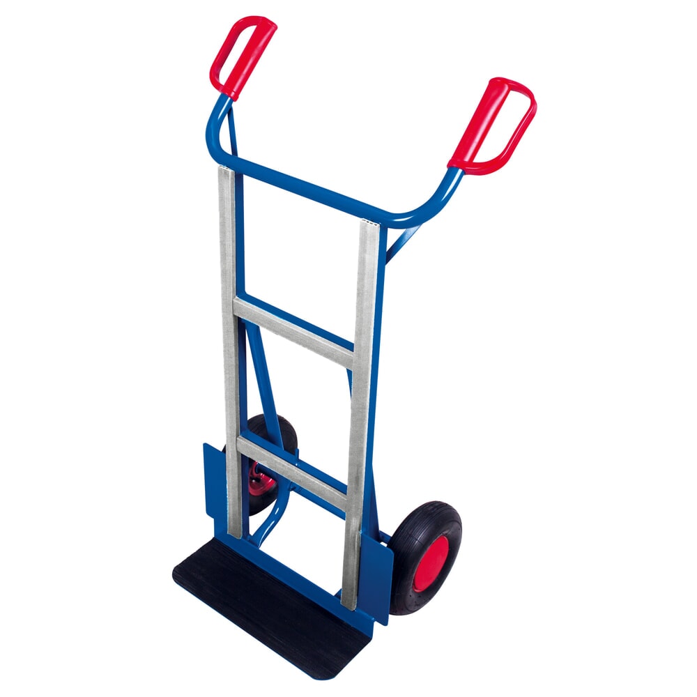VARIOfit® Geräte-Sackkarre aus Stahl, Tragkraft 250kg, Schaufel BxT 450 x 150 mm, Luft-Bereifung, enzianblau