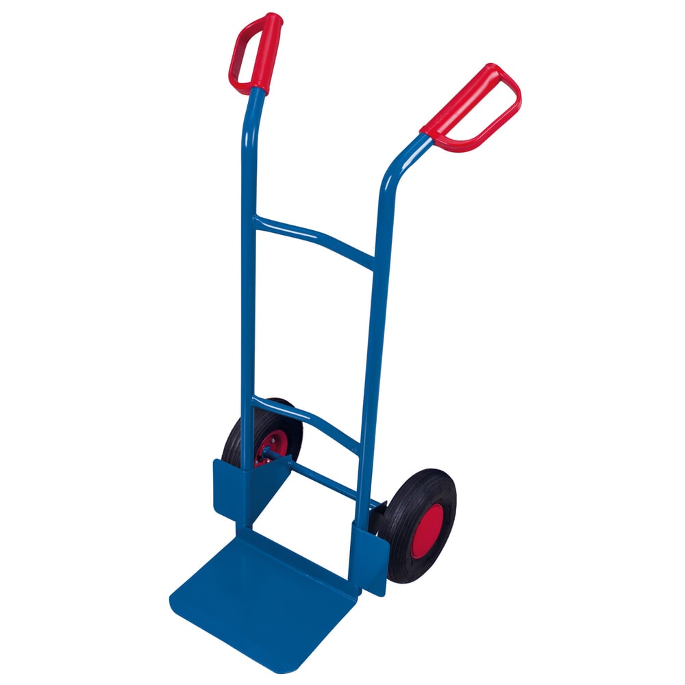 VARIOfit® Stahlrohr-Sackkarre, Tragkraft 200 kg, Schaufel BxT 320 x 250 mm, Luft-Bereifung, enzianblau