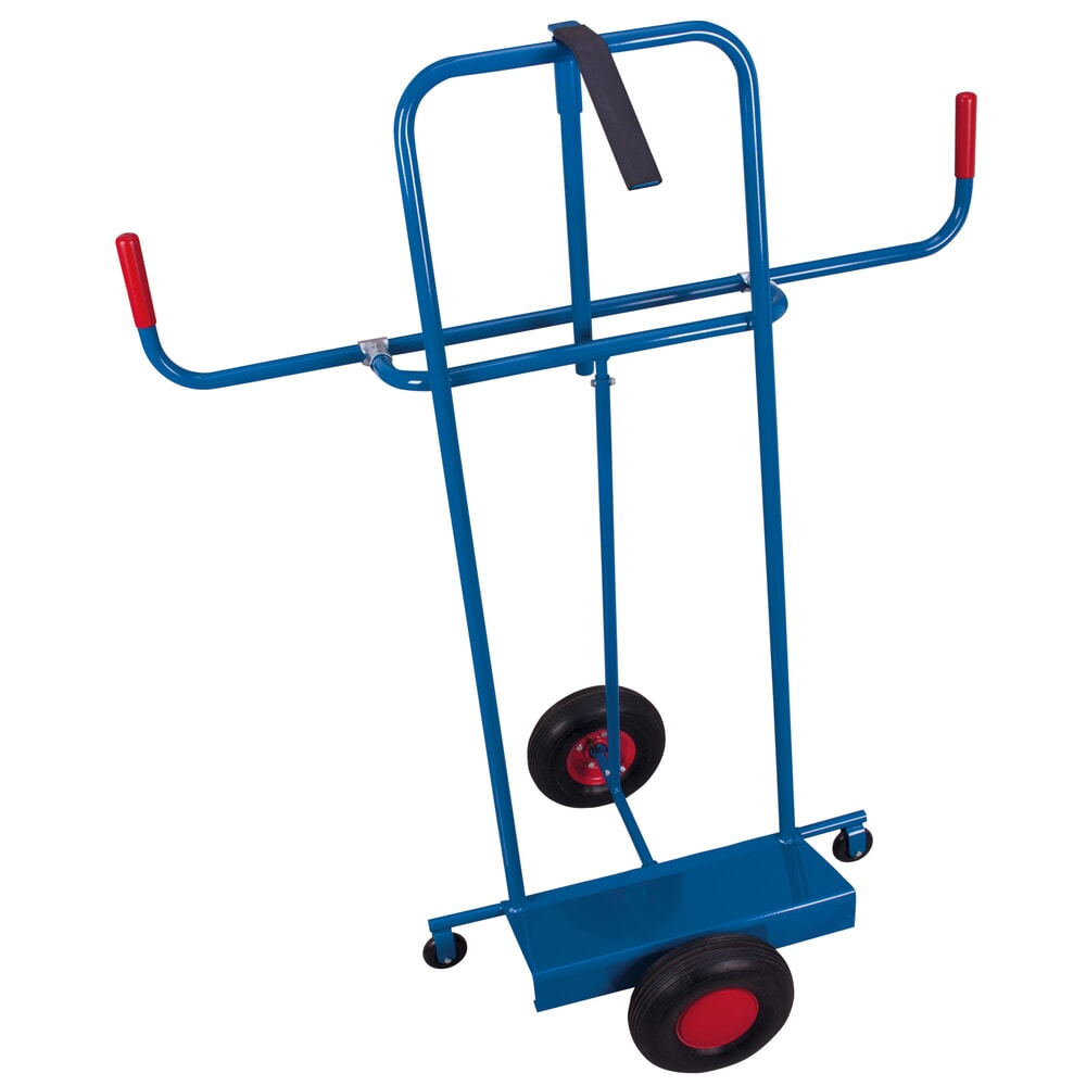 VARIOfit® Platten-Sackkarre aus Stahl, Tragkraft 250 kg, mit Stützrollen, variable Plattensicherung, Schaufel BxT 500 x 200 mm, Luft-Bereifung, enzianblau