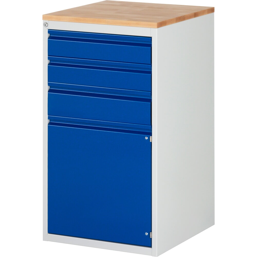 Steinbock® Schubladenschrank Selection, Buche-Massiv-Arbeitsplatte, HxBxT 1035 x 580 x 650 mm, 3 Schubladen, 1 Tür, enzianblau