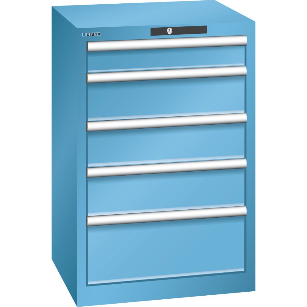LISTA Schubladenschrank 27x27E, (BxTxH) 564x572x850mm, 5 Schubladen, 1 x 100 / 3 x 150 / 1 x 200, lichtblau, CODE Lock