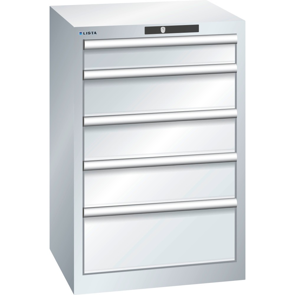 LISTA Schubladenschrank 27x27E, (BxTxH) 564x572x850mm, 5 Schubladen, 1 x 100 / 3 x 150 / 1 x 200, lichtgrau, AUTO Lock