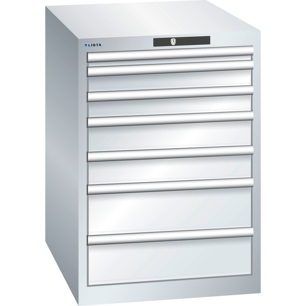 LISTA Schubladenschrank 27x36E, (BxTxH) 564x725x800mm, 7 Schubladen, Fronthöhen 50-150mm, lichtgrau, CODE Lock