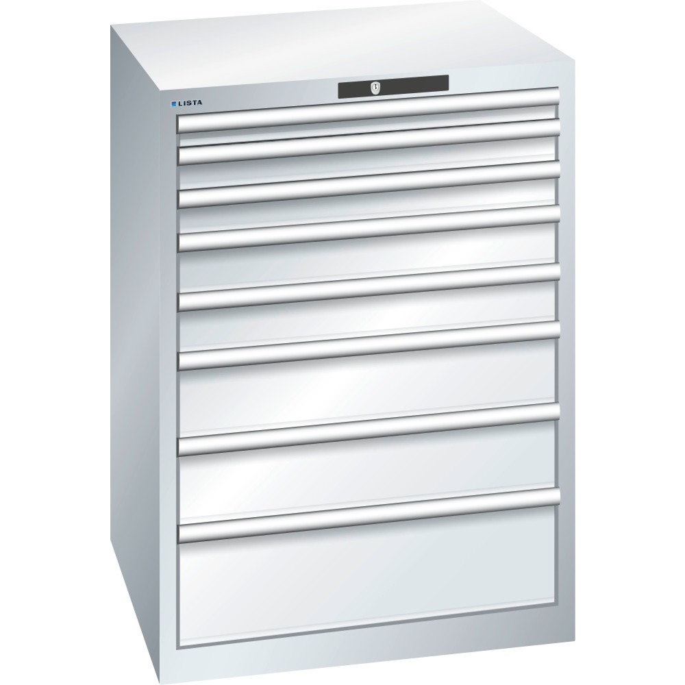 LISTA Schubladenschrank 36x36E, (BxTxH) 717x725x1000mm, 8 Schubladen, Fronthöhen 50-200mm, lichtgrau, AUTO Lock