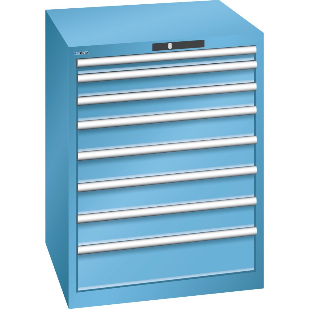 LISTA Schubladenschrank 36x36E, (BxTxH) 717x725x850mm, 8 Schubladen, Fronthöhen 50-150mm, lichtblau, KEY Lock