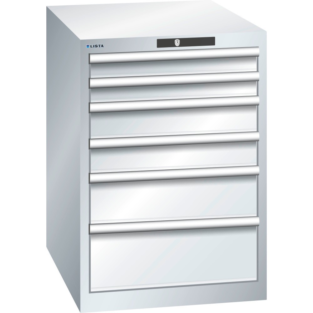LISTA Schubladenschrank 27x36E, (BxTxH) 564x725x800mm, 6 Schubladen, Fronthöhen 75-200mm, lichtgrau, CODE Lock