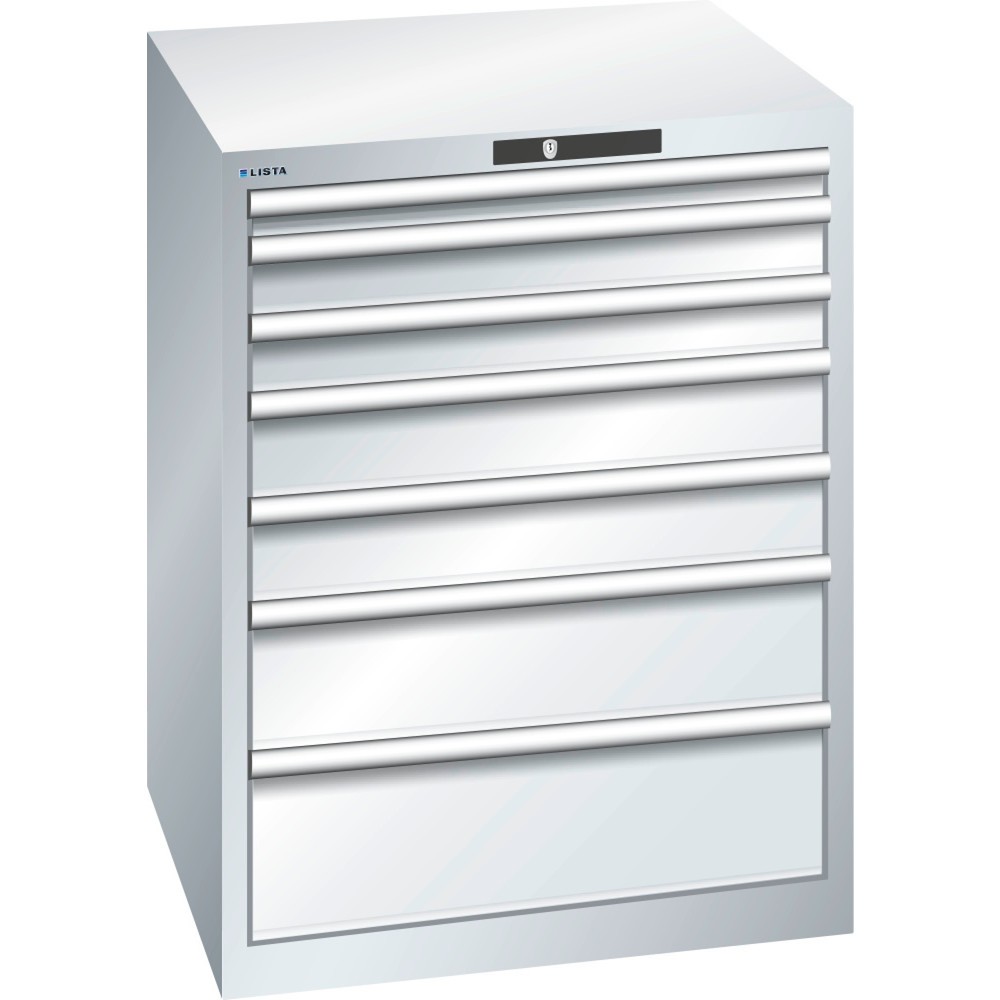 LISTA Schubladenschrank 36x36E, (BxTxH) 717x725x850mm, 7 Schubladen, Fronthöhen 50-200mm, lichtgrau, KEY Lock