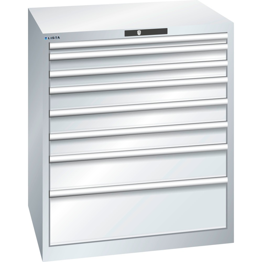 LISTA Schubladenschrank 45x36E, (BxTxH) 870x725x1000mm, 8 Schubladen, Fronthöhen 50-250mm, lichtgrau, KEY Lock