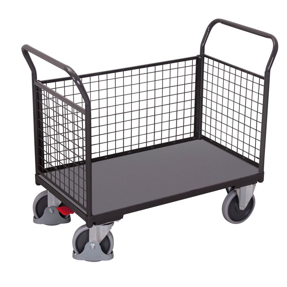 VARIOfit® Dreiwand-Gitterwagen, Holzwerkstoff-Ladefläche, EasySTOP®-Bremssystem, Ladefläche BxT 1000 mm x 675 mm, anthrazitgrau