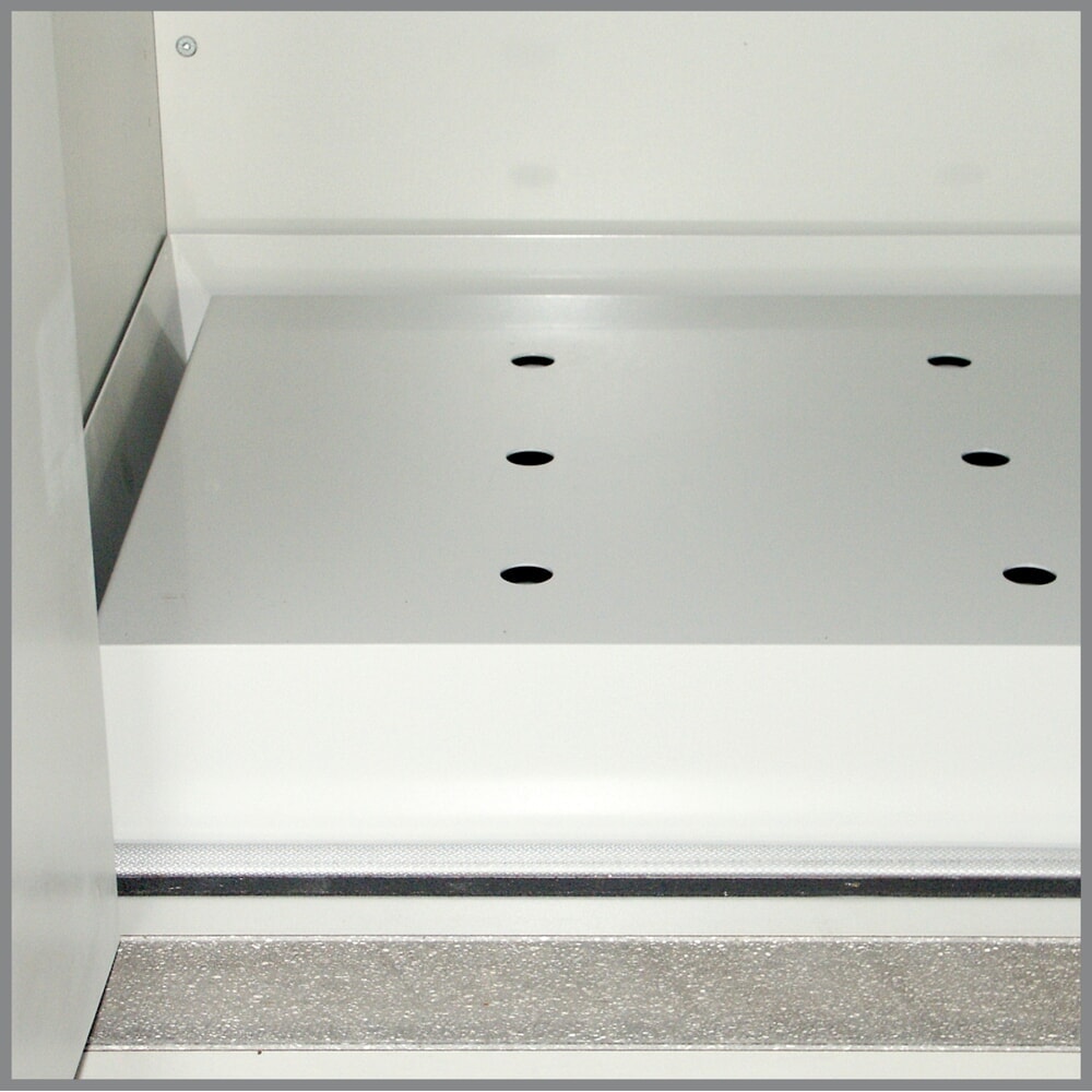 Bodenwanne mit Lochblecheinsatz für PRIORIT Sicherheitsschrank Typ 90, Edelstahl, BxT 513 x 472 mm