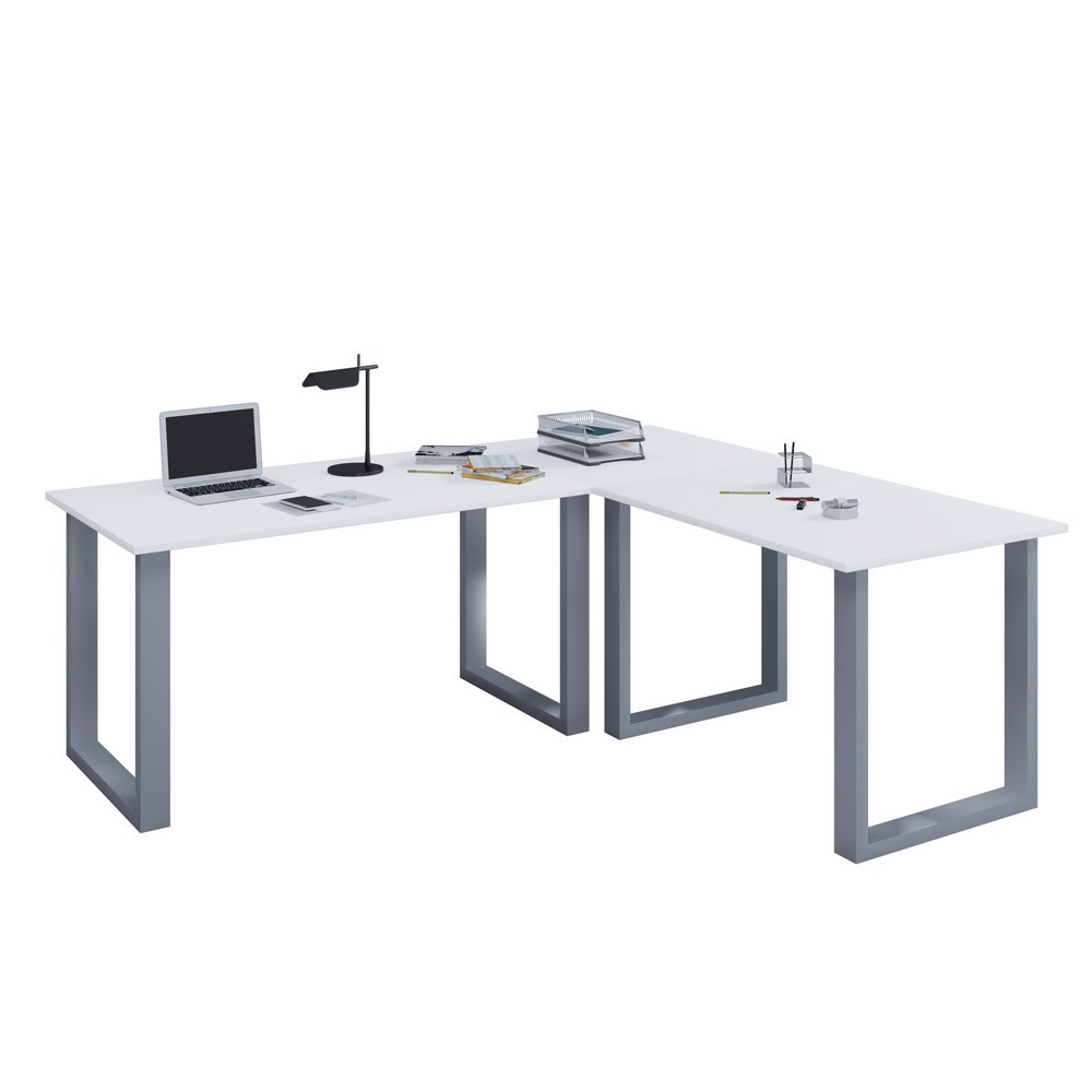 VCM Büro-Eckschreibtisch Lona, U-Fussgestell, Tischplatten BxT 1.400 x 800 und 1.100 x 800 mm, weiss/silber