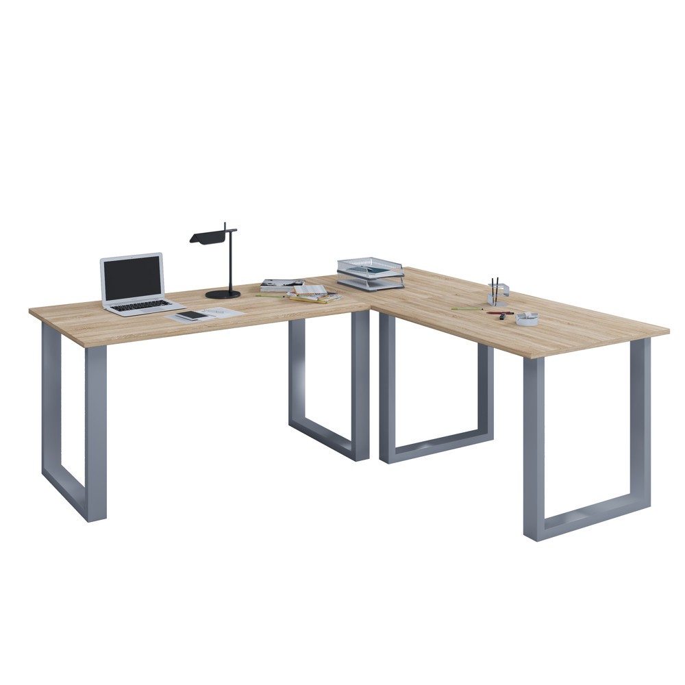 VCM Büro-Eckschreibtisch Lona, U-Fussgestell, Tischplatten BxT 1.100 x 800 und 1.100 x 800 mm, Sonoma-Eiche/silber