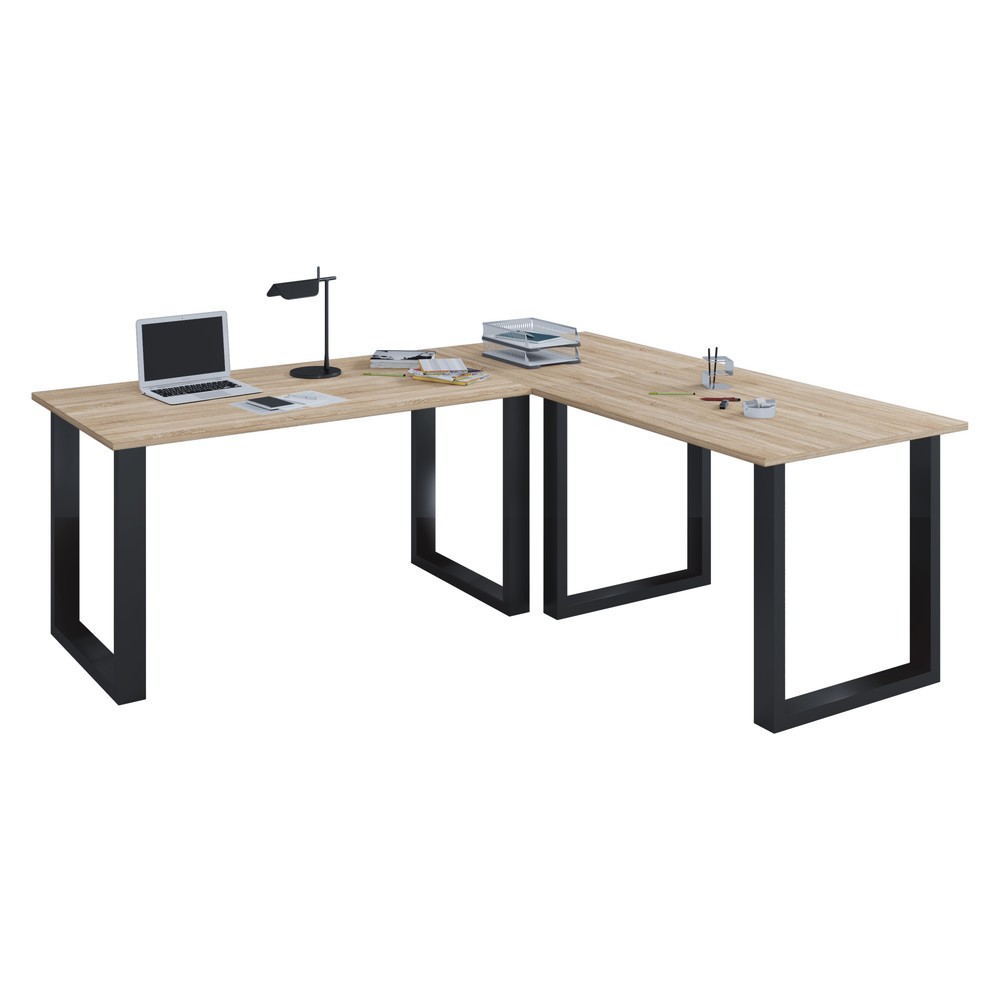 VCM Büro-Eckschreibtisch Lona, U-Fussgestell, Tischplatten BxT 1.400 x 800 und 800 x 800 mm, Sonoma-Eiche/schwarz