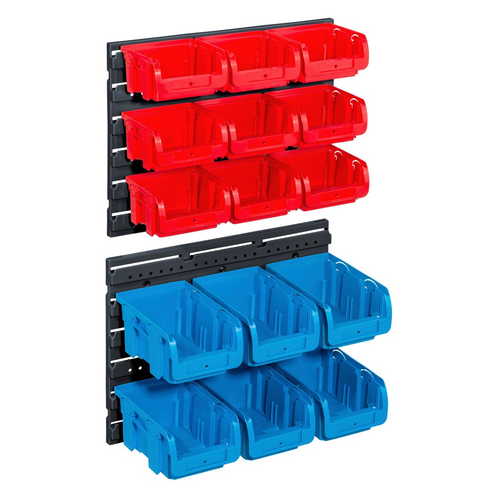 Allit Sichtlagerkasten-Sets mit Wandhalteplatten, Kästen 9x Größe 1, 6x Größe 2
