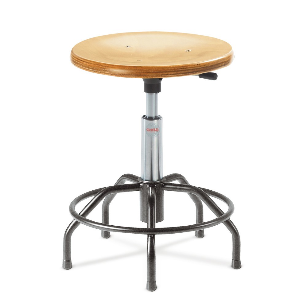 Global Stole A/S Hocker, Holzformsitz, Sitzhöhe 410-480 mm, Stahlbasis, Fussring, Spider-Form Ø 430 mm