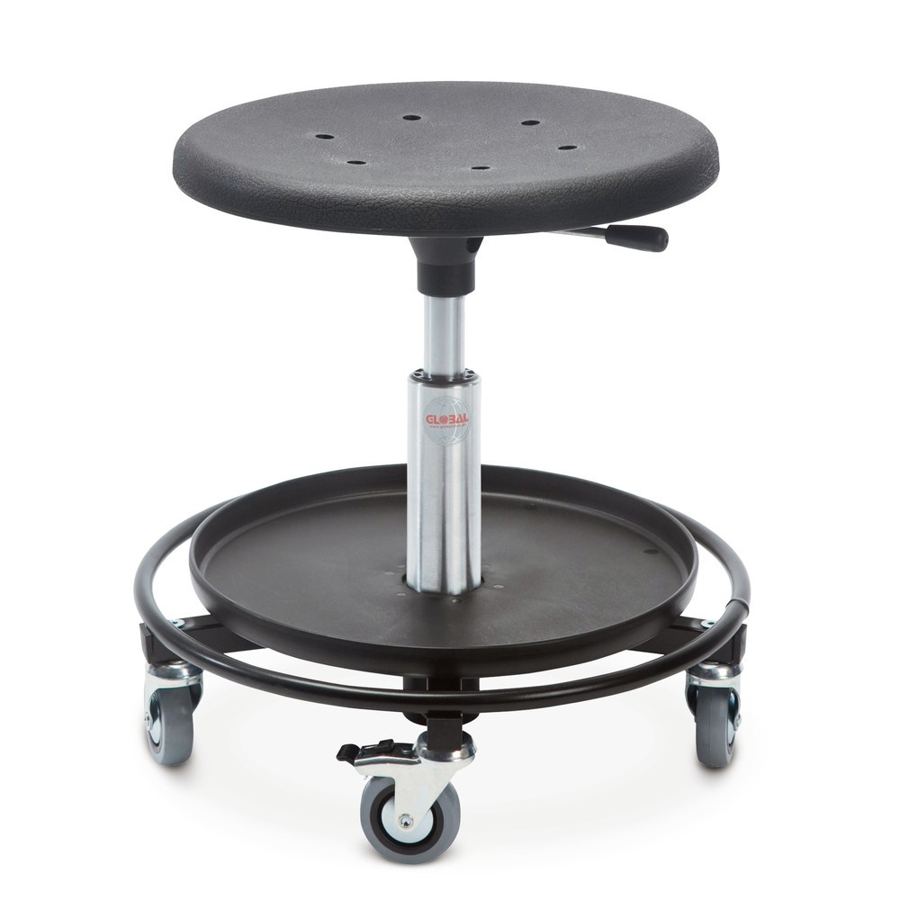 Global Stole A/S Hocker, PU-Formsitz Ø 480 mm, Sitzhöhe 380-510 mm, Fussring mit Ablage