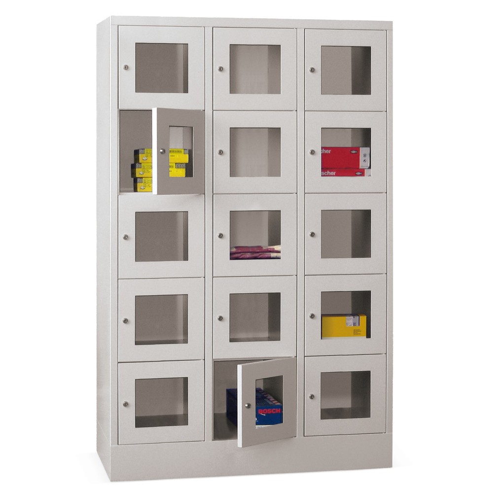 PAVOY Schliessfachschrank mit Sichtfenster, 3 x 5 Fächer, HxBxT 1.850 x 1.200 x 500 mm, lichtblau, lichtgrau