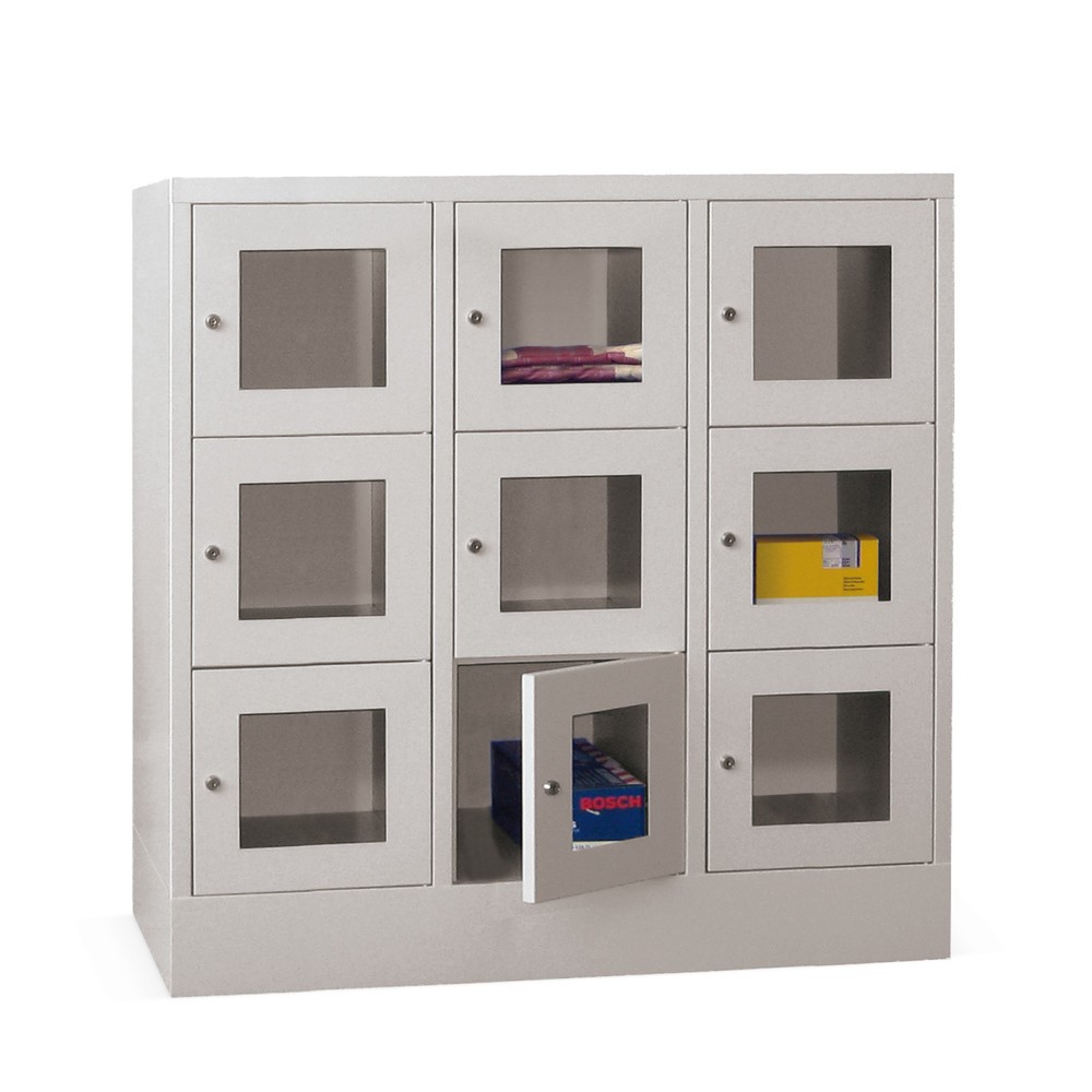 PAVOY Schliessfachschrank mit Sichtfenster, 3 x 3 Fächer, HxBxT 1.187 x 1.200 x 500 mm, rubinrot, lichtgrau