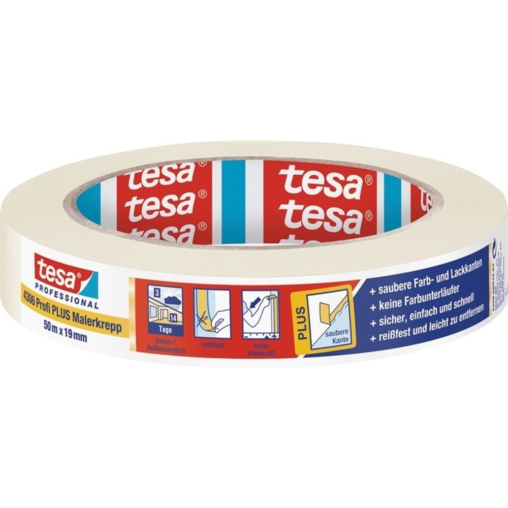 TESA Malerkreppband 4306 Profi PLUS leicht gekreppt hellbeige L.50m B.50mm Rl